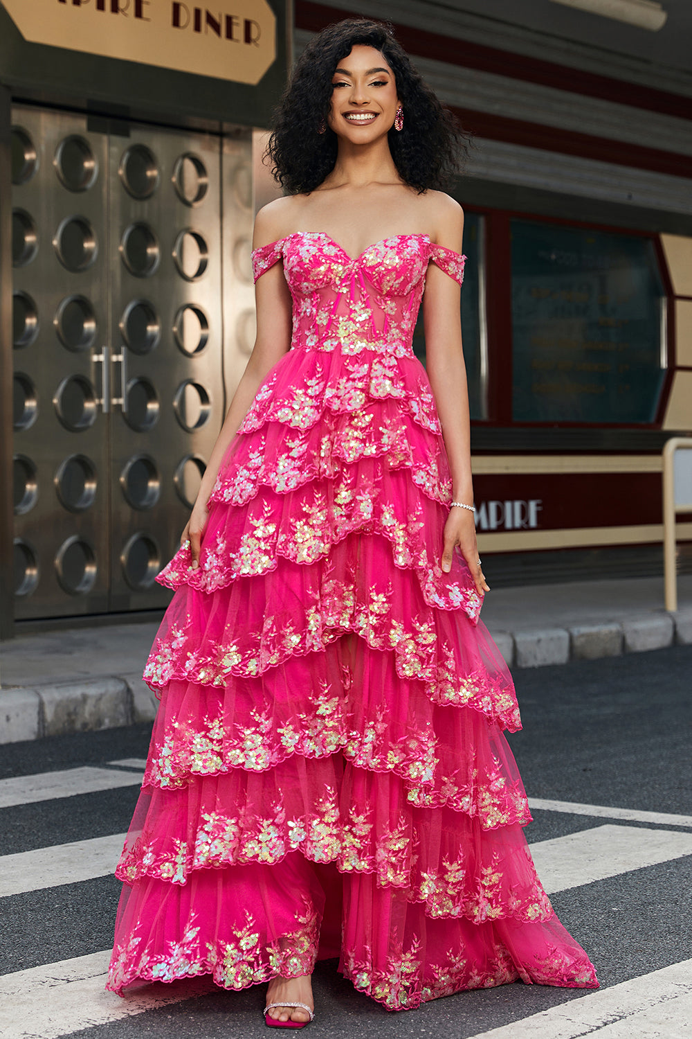 Tendance Une ligne hors de l’épaule Fuchsia Corset robe de soirée avec fente devant