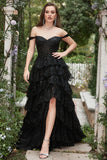 Long Off The Shoulder Robe de bal noire à plusieurs niveaux