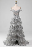 Robe de soirée à épaules dénudées gris scintillant avec fente