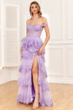 Tendance Une ligne hors de l’épaule Fuchsia Corset robe de soirée avec fente devant