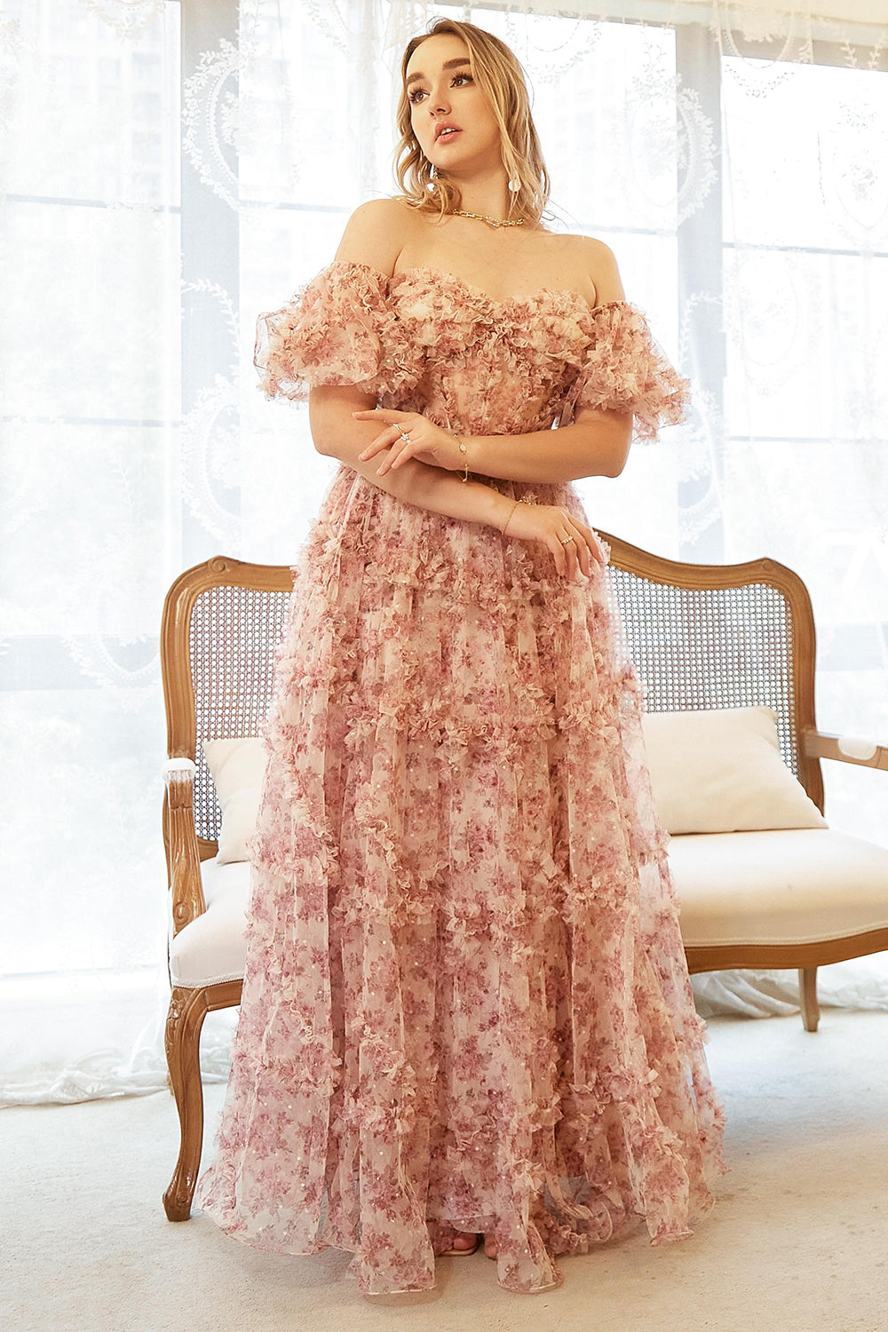 Robe de bal de fleur rouge ivoire sur l’épaule