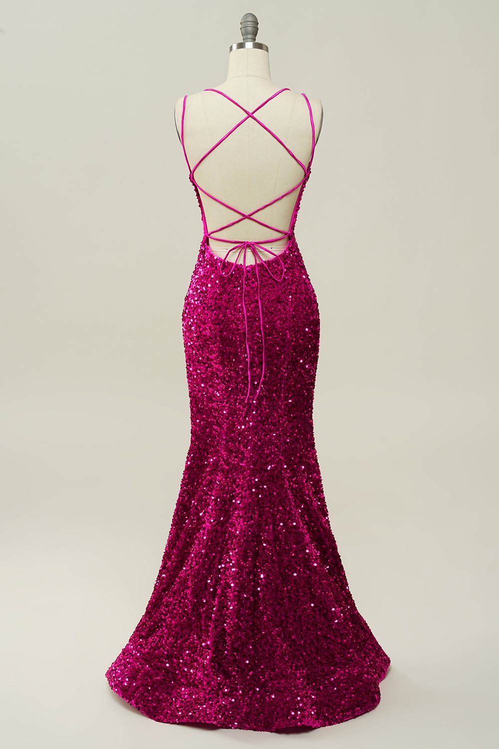 Hot Pink Sequin Spaghetti Straps Mermaid Prom Robe avec dos à lacets