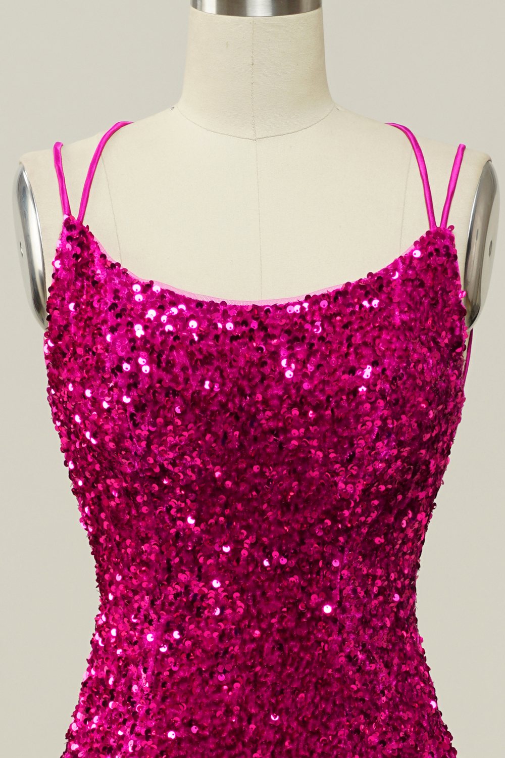 Hot Pink Sequin Spaghetti Straps Mermaid Prom Robe avec dos à lacets