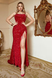 Robe de bal à paillettes rouges Plus Taille avec fente
