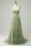 Broderie Vert Corset Robe longue de Soirée