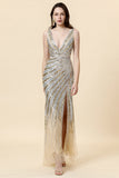 Gaine Deep V Neck Golden Beaded Evening Wear avec limon