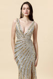Gaine Deep V Neck Golden Beaded Evening Wear avec limon
