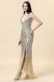 Gaine Deep V Neck Golden Beaded Evening Wear avec limon