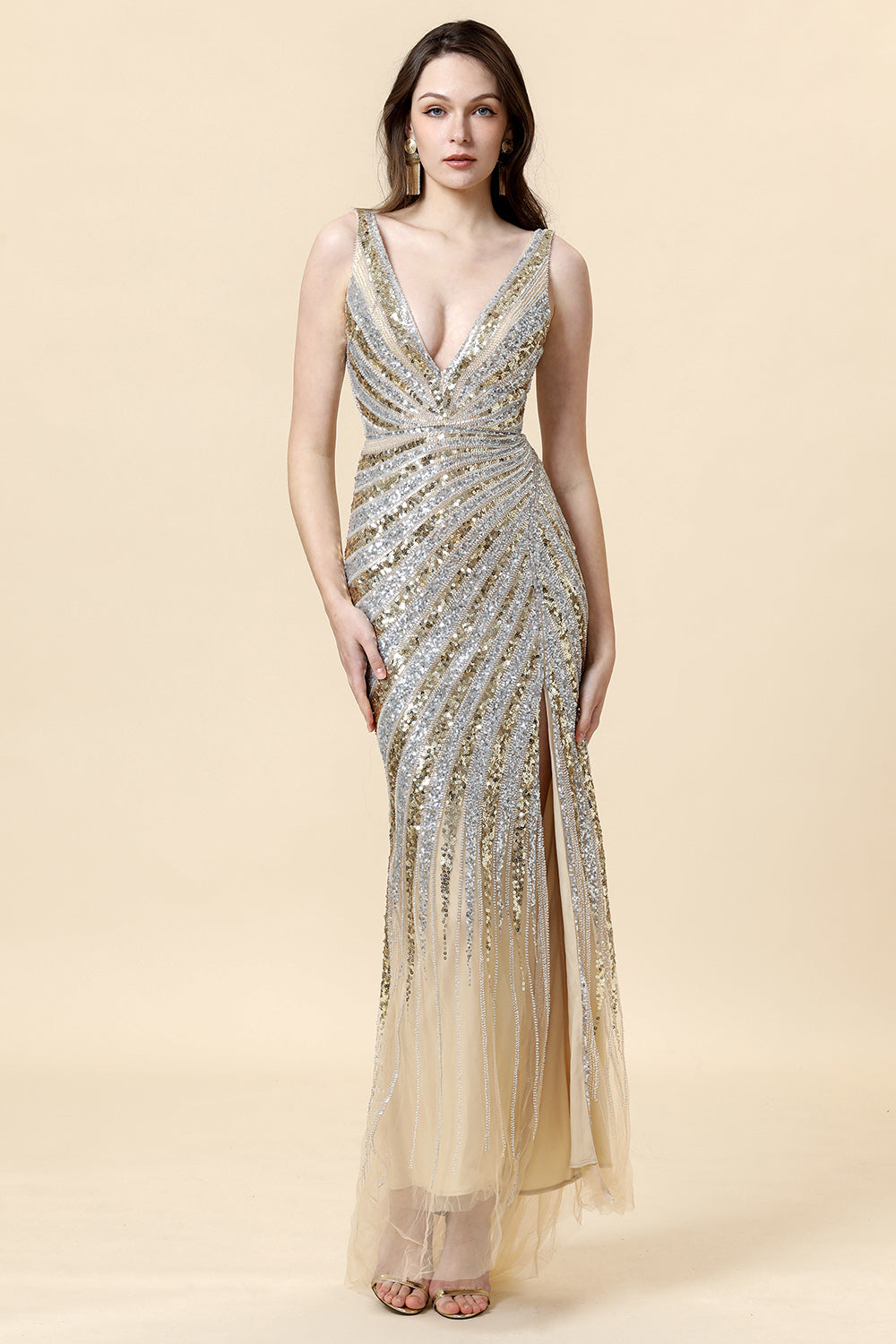 Gaine Deep V Neck Golden Beaded Evening Wear avec limon