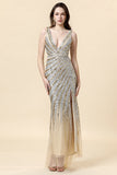 Gaine Deep V Neck Golden Beaded Evening Wear avec limon