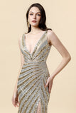 Gaine Deep V Neck Golden Beaded Evening Wear avec limon