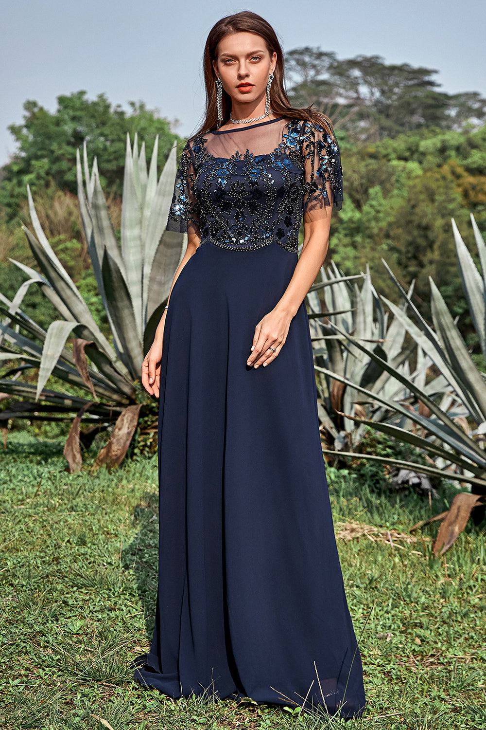 Navy Appliques Paillettes Robe de mère de mariée