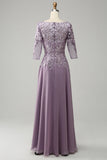 Robe de mère de mariée en mousseline de soie violette grise avec dentelle