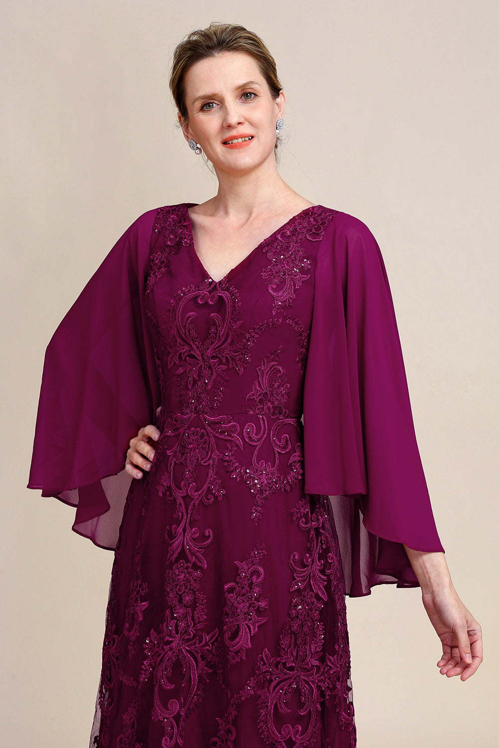 Bourgogne Batwing Manches Perles Robe de Mère de la mariée