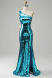 Robe de bal à paillettes bleu étincelante à une épaule avec fente