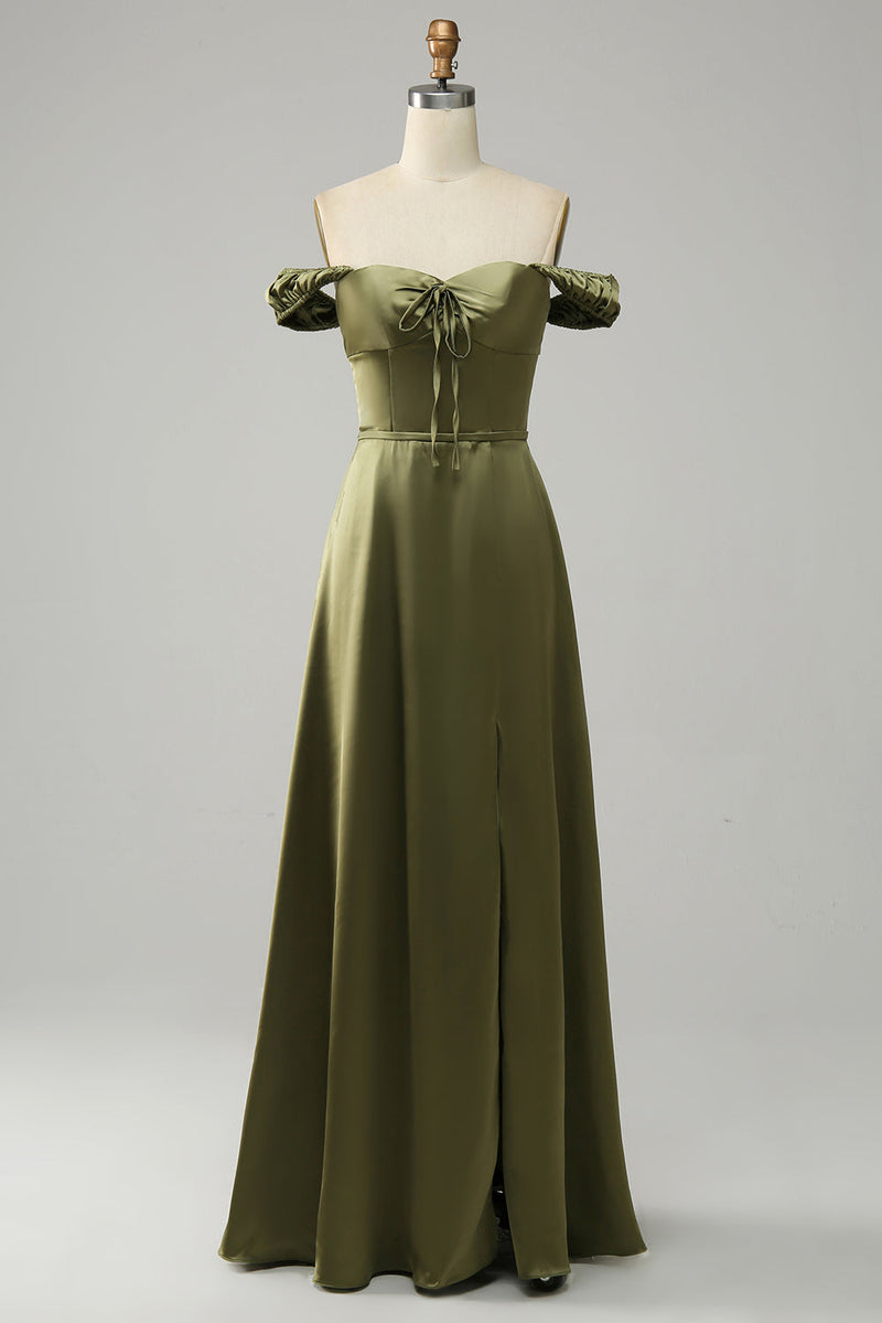 Charger l&#39;image dans la galerie, Vert armée sur l’épaule Robe de demoiselle d’honneur longue avec fente