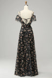 Robe de bal noire Chiffon Off Shoulder avec fleurs