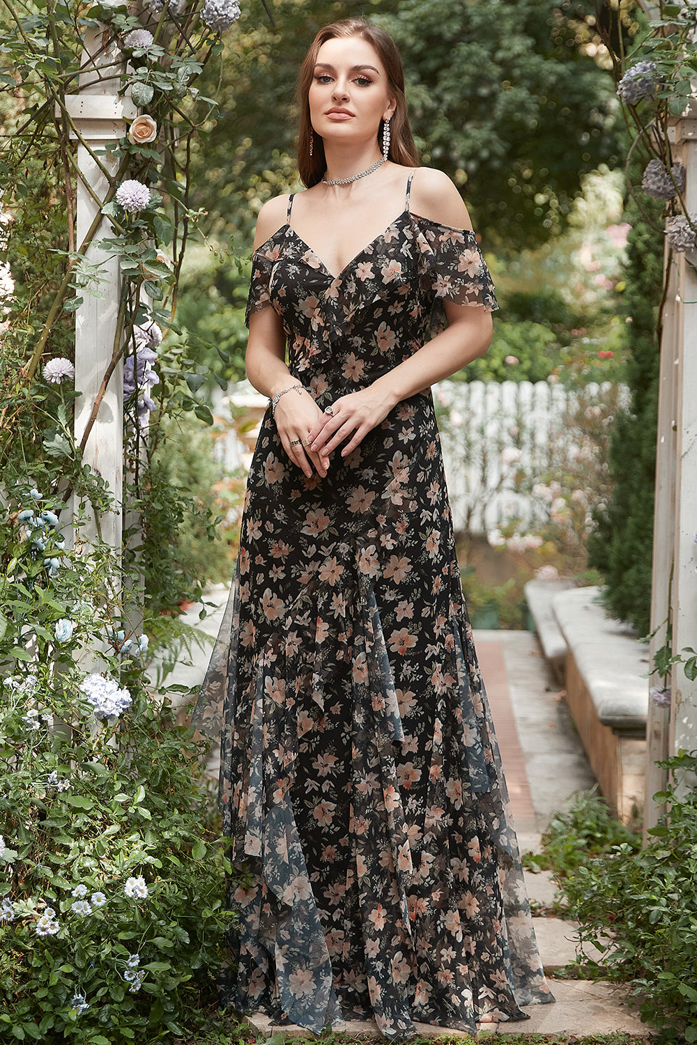 Robe de bal noire Chiffon Off Shoulder avec fleurs