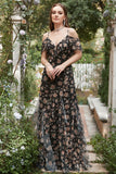 Robe de bal noire Chiffon Off Shoulder avec fleurs