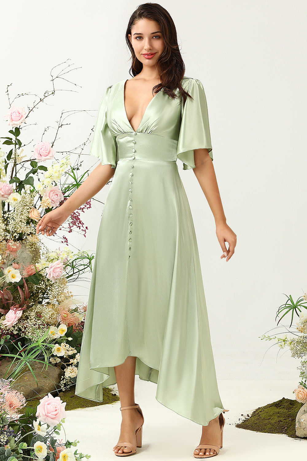 Une robe d’invité de mariage Line Col V Profond Vert Clair avec demi-manches