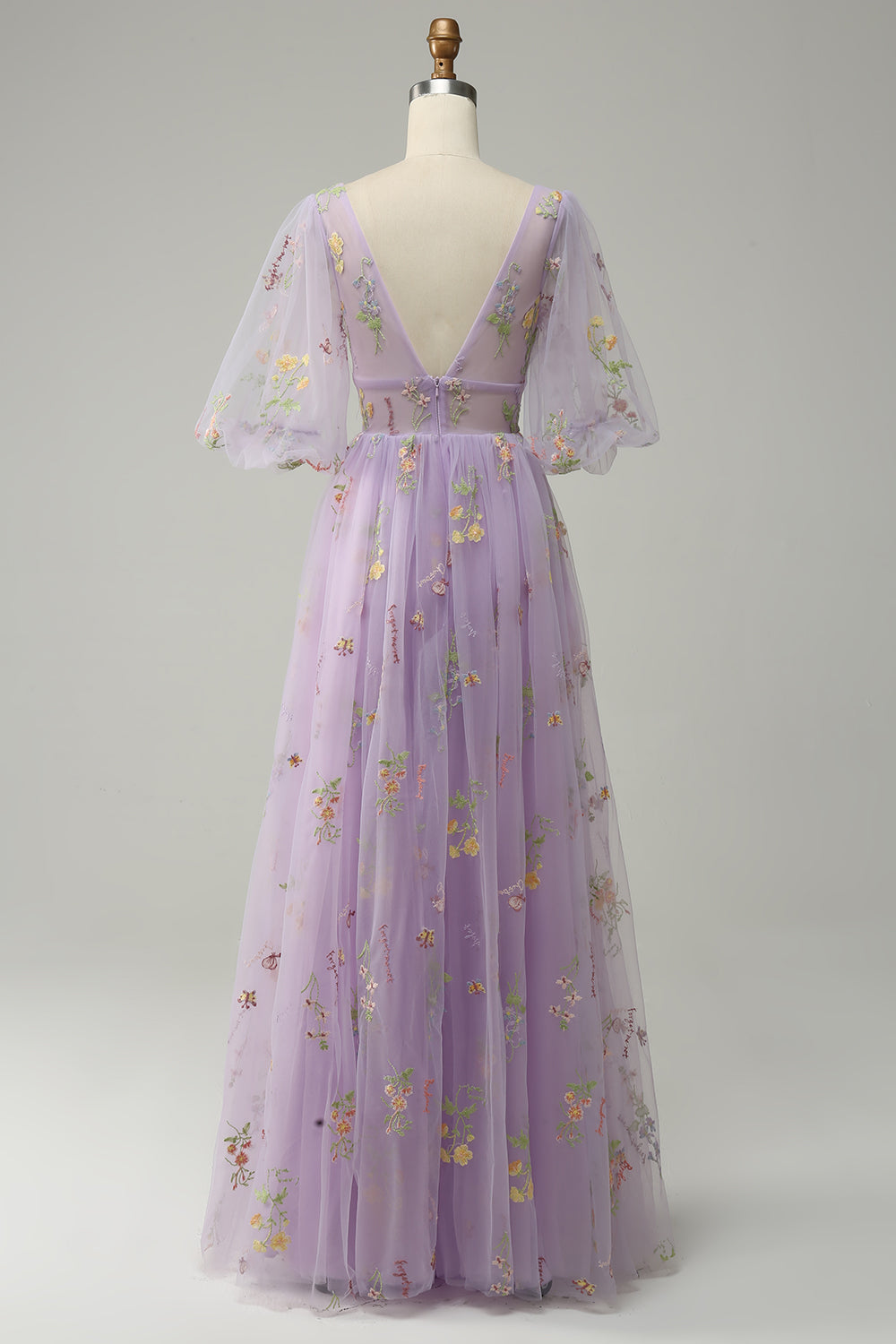 A-Line V-Neck Broderie Lavande Robe de bal longue avec manches courtes