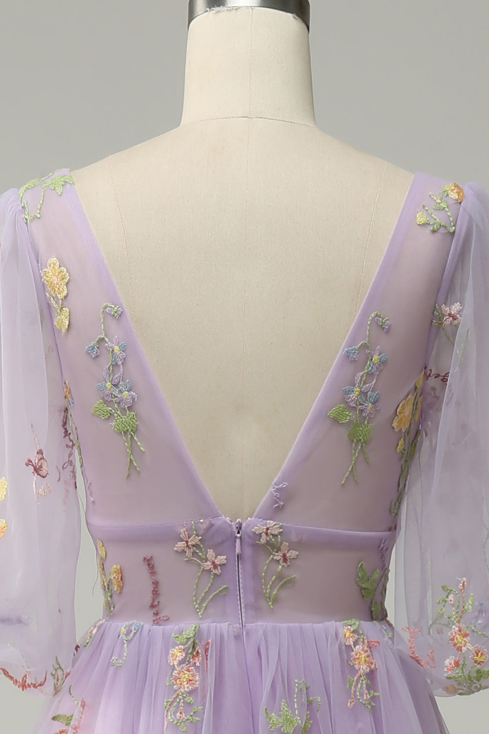 A-Line V-Neck Broderie Lavande Robe de bal longue avec manches courtes