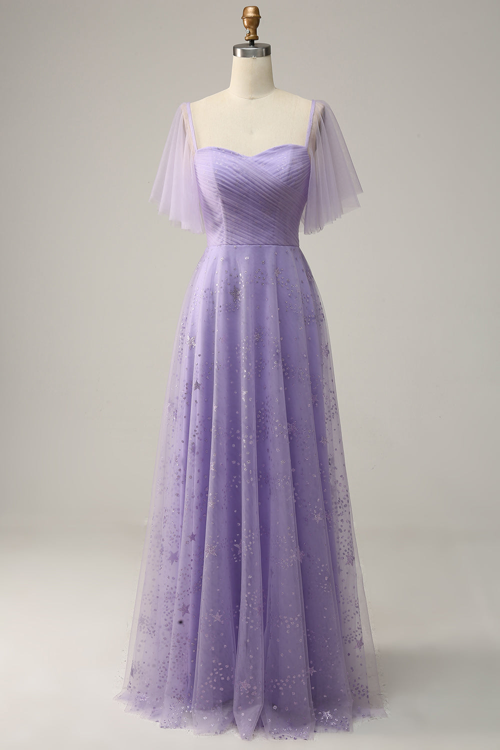 Robe de bal lavande à épaules avec volants
