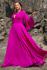 Une ligne Deep V Neck Dark Fuchsia Plus Taille Robe de bal avec manches longues