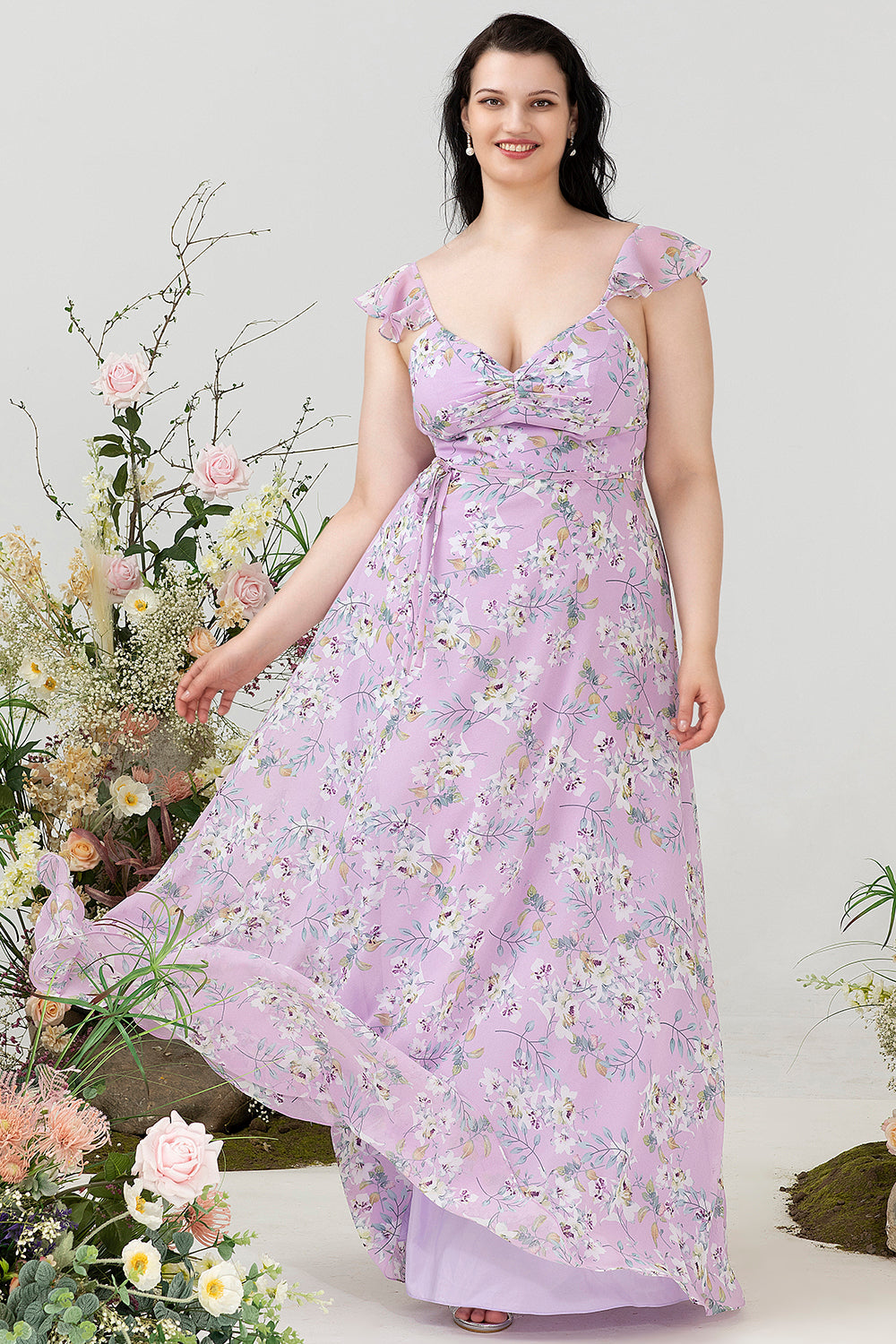 Robe de demoiselle d’honneur à imprimé floral violet plus grande taille