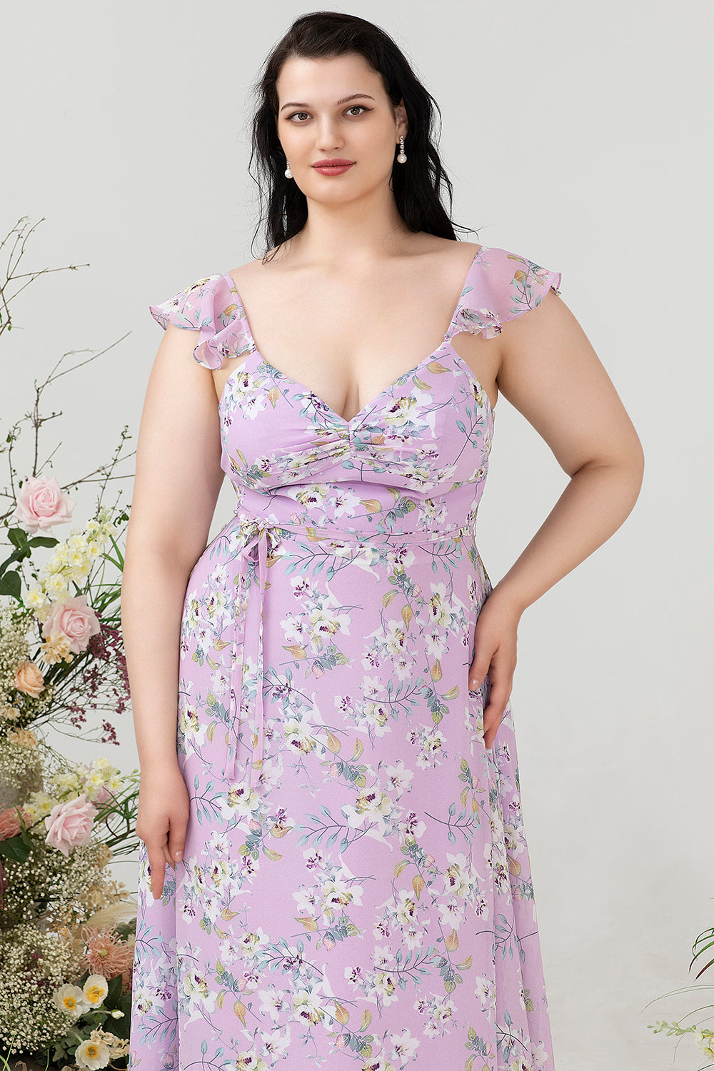 Robe de demoiselle d’honneur à imprimé floral violet plus grande taille