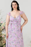 Robe de demoiselle d’honneur à imprimé floral violet plus grande taille