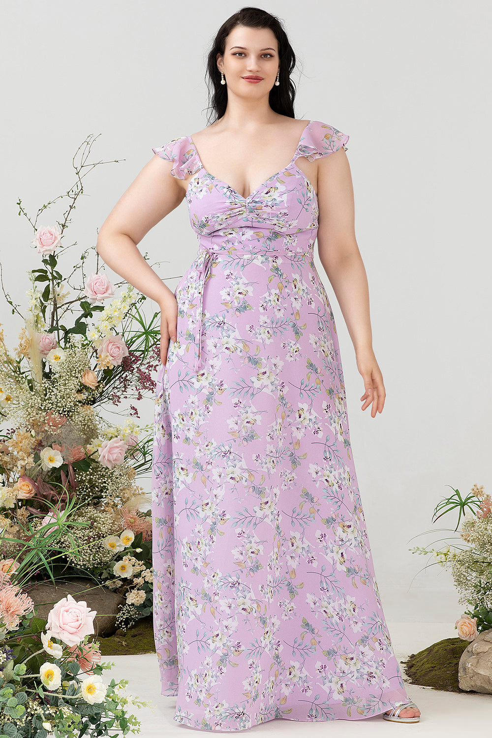 Robe de demoiselle d’honneur à imprimé floral violet plus grande taille