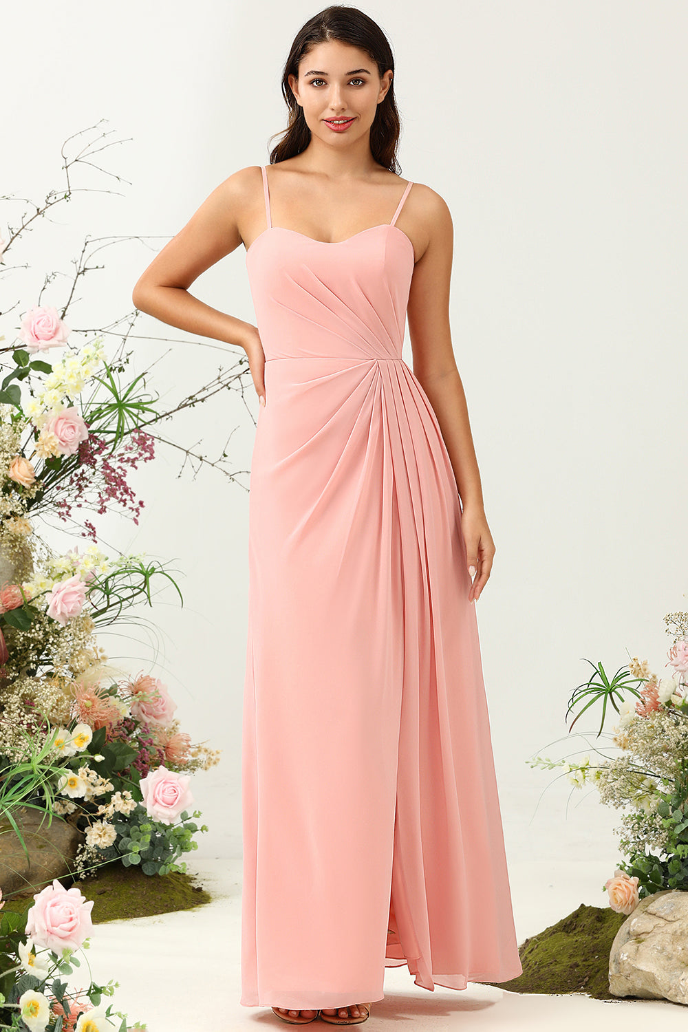 Une ligne de bretelles spaghetti Blush Robe de demoiselle d’honneur longue avec front fendu