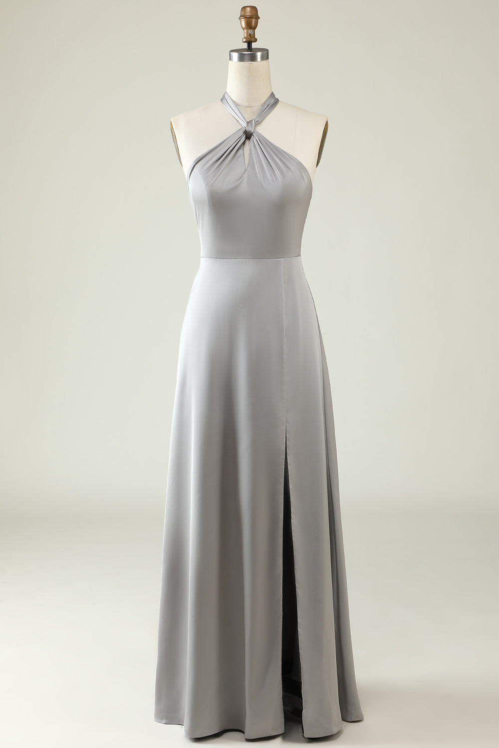 Robe de demoiselle d’honneur longue simple grise Halter avec fente