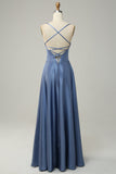 Gris Bleu Halter A Line Robe de demoiselle d’honneur longue