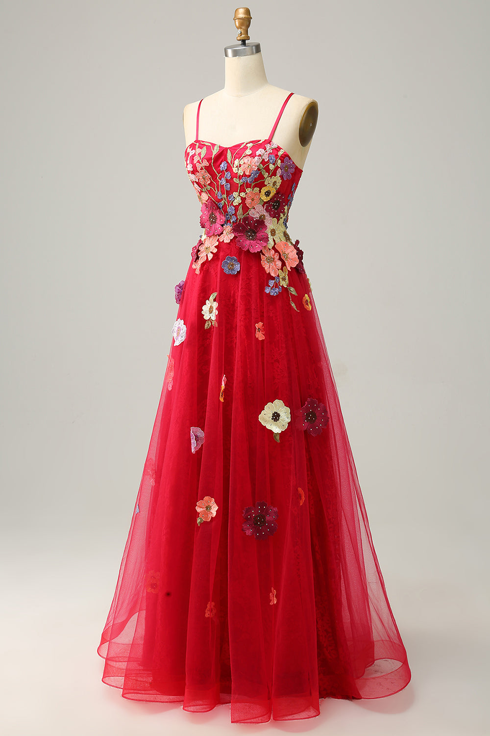 Une ligne Spaghetti Straps Bourgogne Robe de bal longue avec appliques