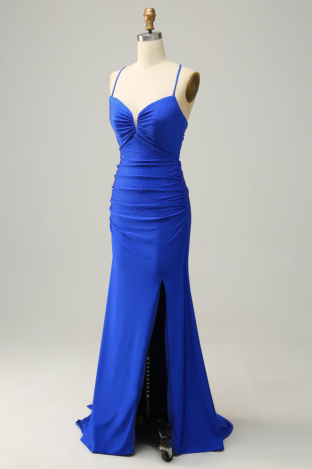 Sangles Spaghetti Sirène Robe de bal longue bleu royal avec perles