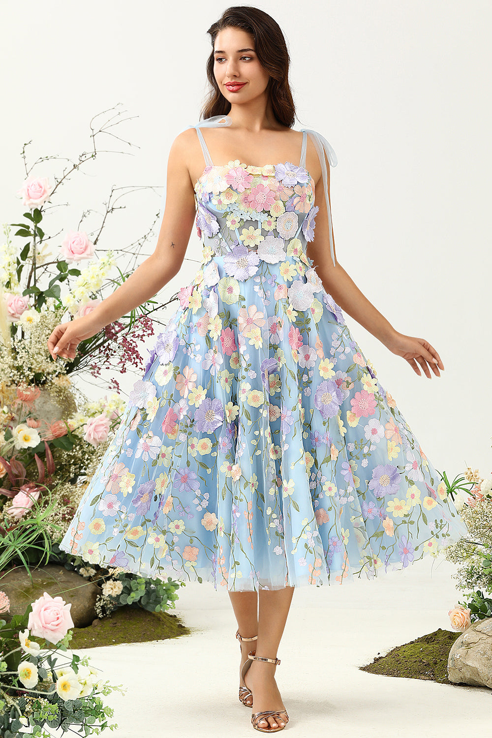 Mignon A Line Spaghetti Straps Blue Tea Length Prom Dress avec 3D Flowers