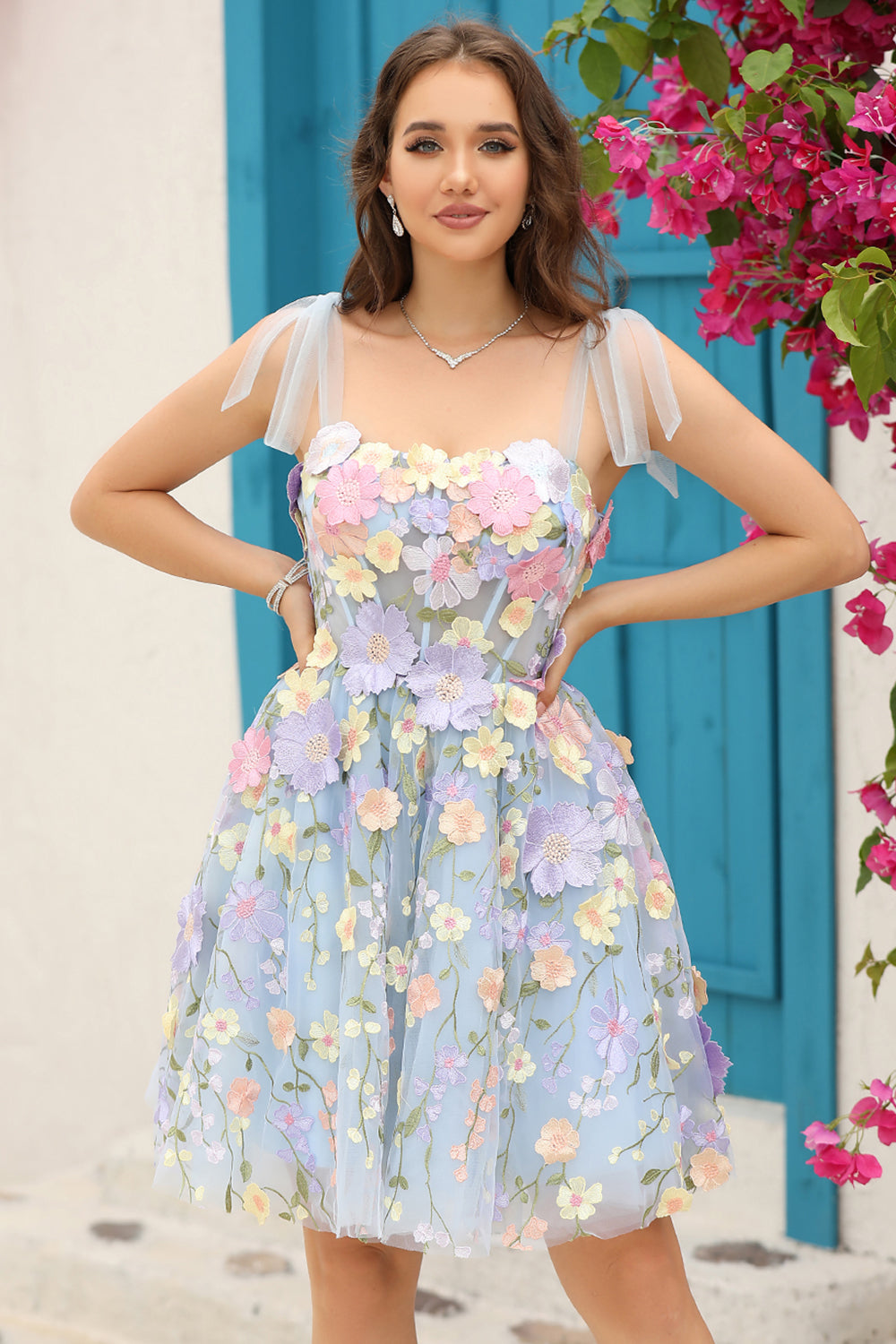 Une ligne Bretelles Spaghetti Corset violet Robe Cocktail avec 3D Fleurs