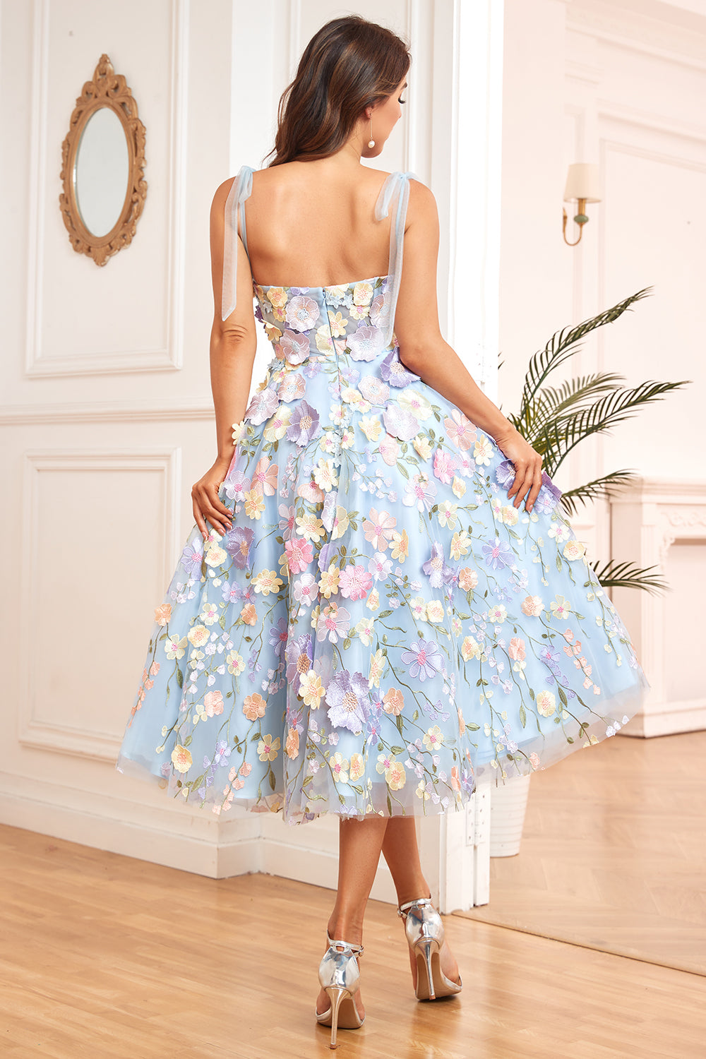 Une ligne Bretelles Spaghetti Bleu Thé Longueur Robe de Bal avec Fleurs 3D