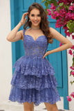 Sparkly Dark Blue Corset Robe courte à plusieurs niveaux avec dentelle