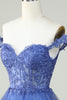Charger l&#39;image dans la galerie, Mignon Une ligne Corset bleu foncé Robe courte à plusieurs niveaux avec dentelle