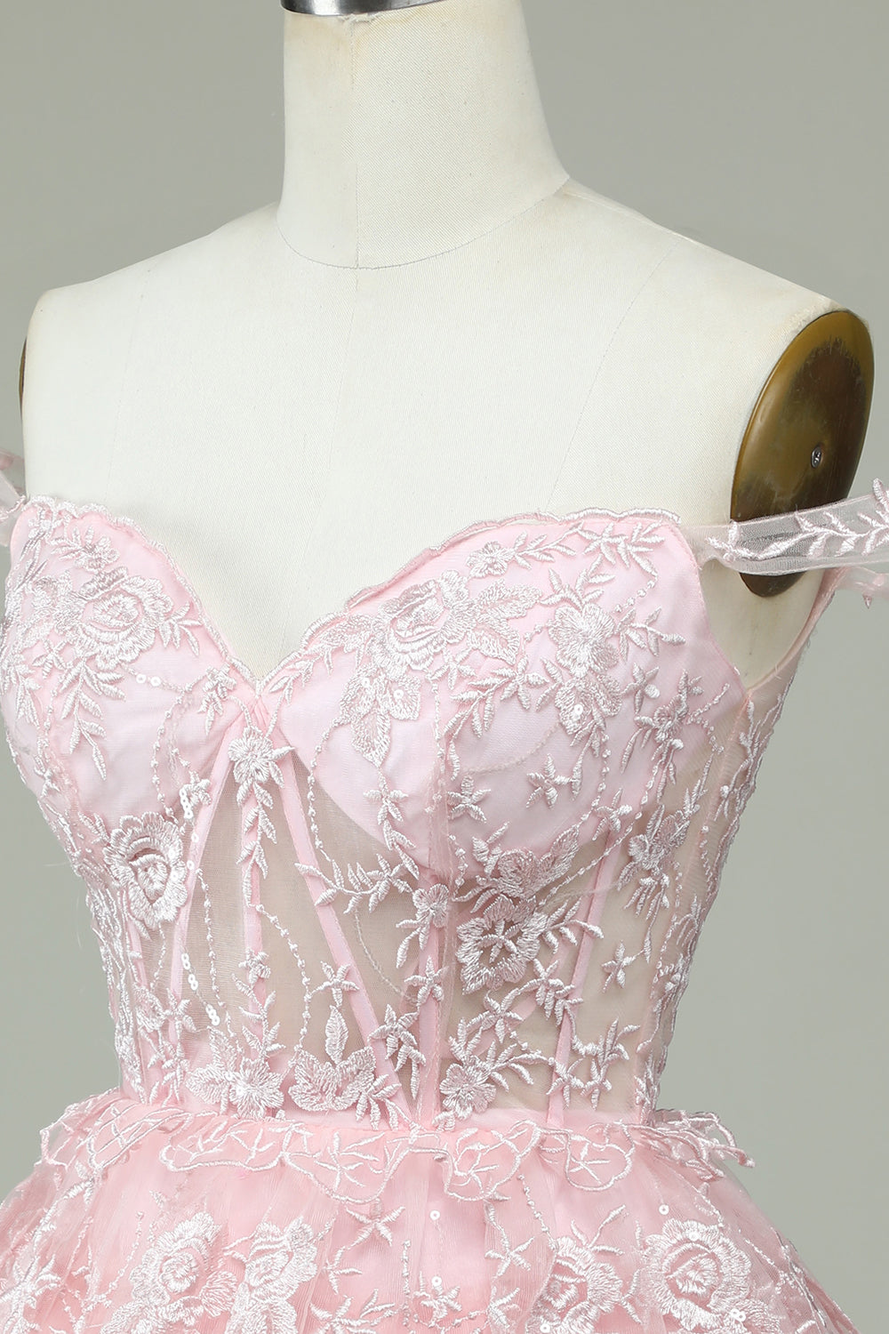 Mignon Une ligne de l’épaule Corset rose Robe de Cocktail avec dentelle