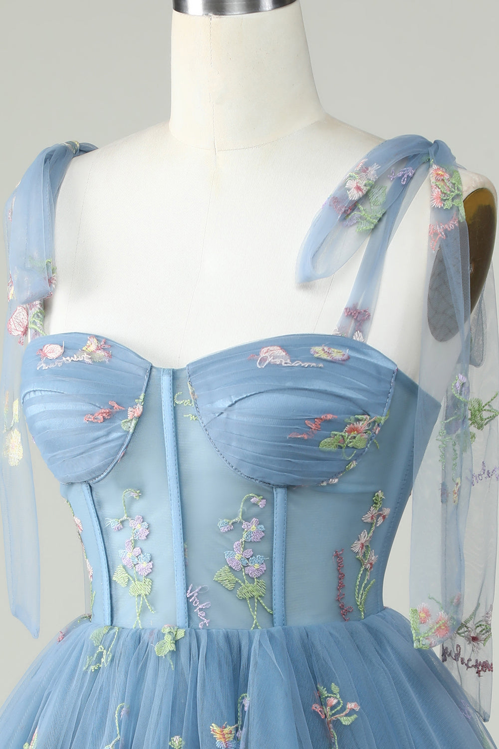 Mignon Bretelles spaghetti ligne A Gris Bleu Robe courte Cocktail avec appliques