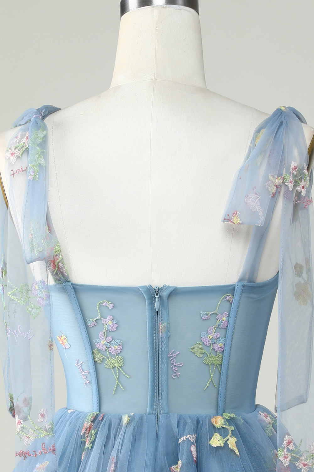 Mignon Bretelles spaghetti ligne A Gris Bleu Robe courte Cocktail avec appliques