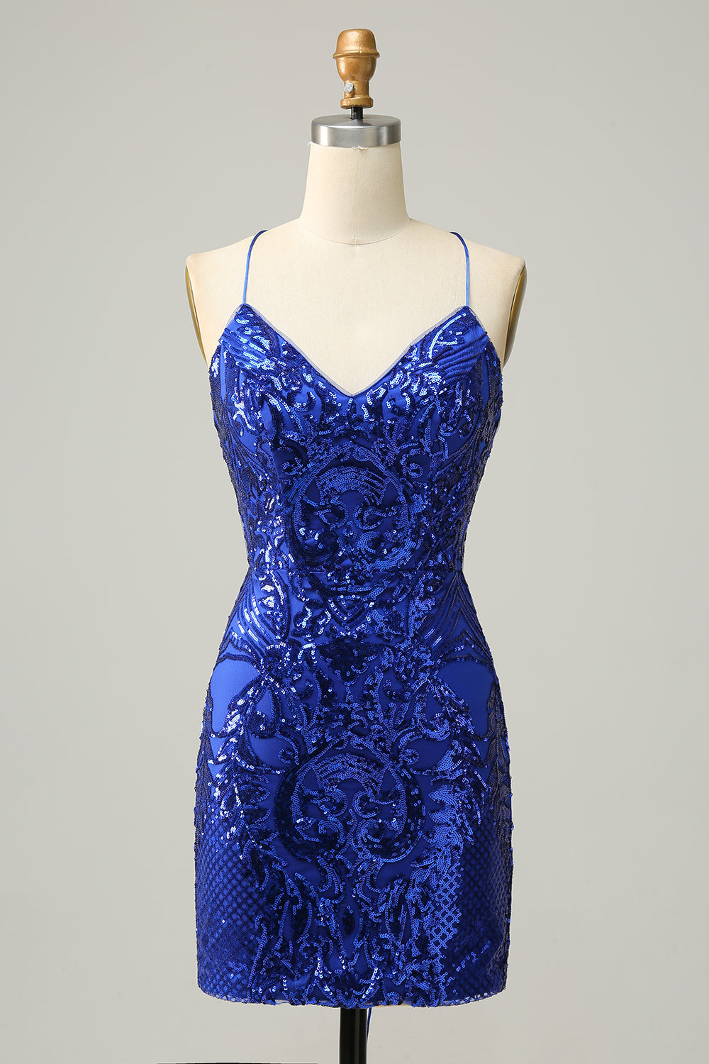 Gaine Spaghetti Sangles Bleu Royal Paillettes Robe Courte Rentrée