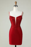 Fourreau Bretelles Spaghetti Rouge Robe courte Cocktail avec perles