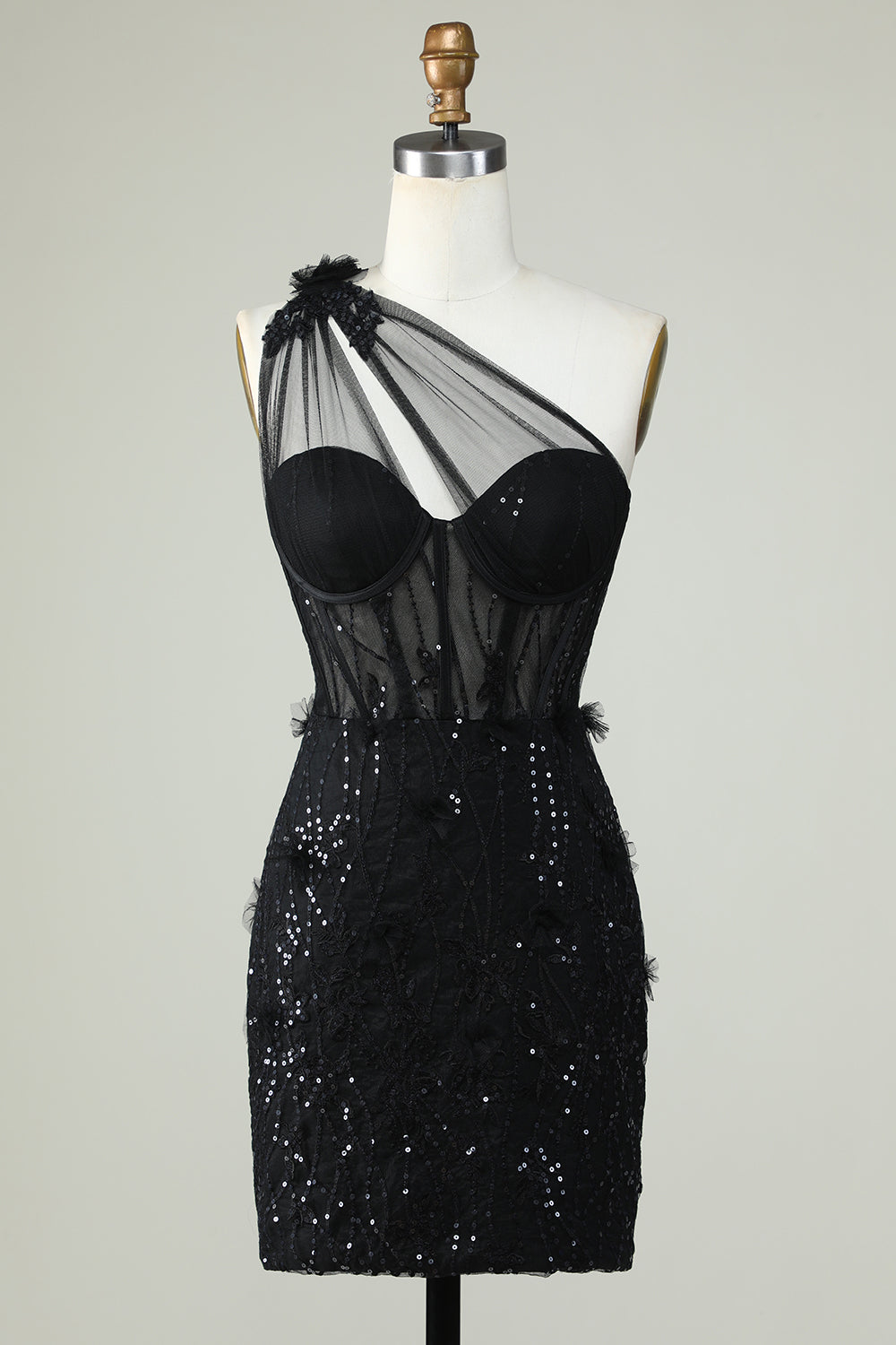 Robe de cocktail corset noire moulante à une épaule avec appliques