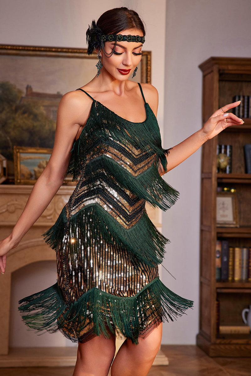 ZAPAKA Robes Gatsby le magnifique pour femmes Perles Franges Vert foncé  1920s Robe Flapper – ZAPAKA FR