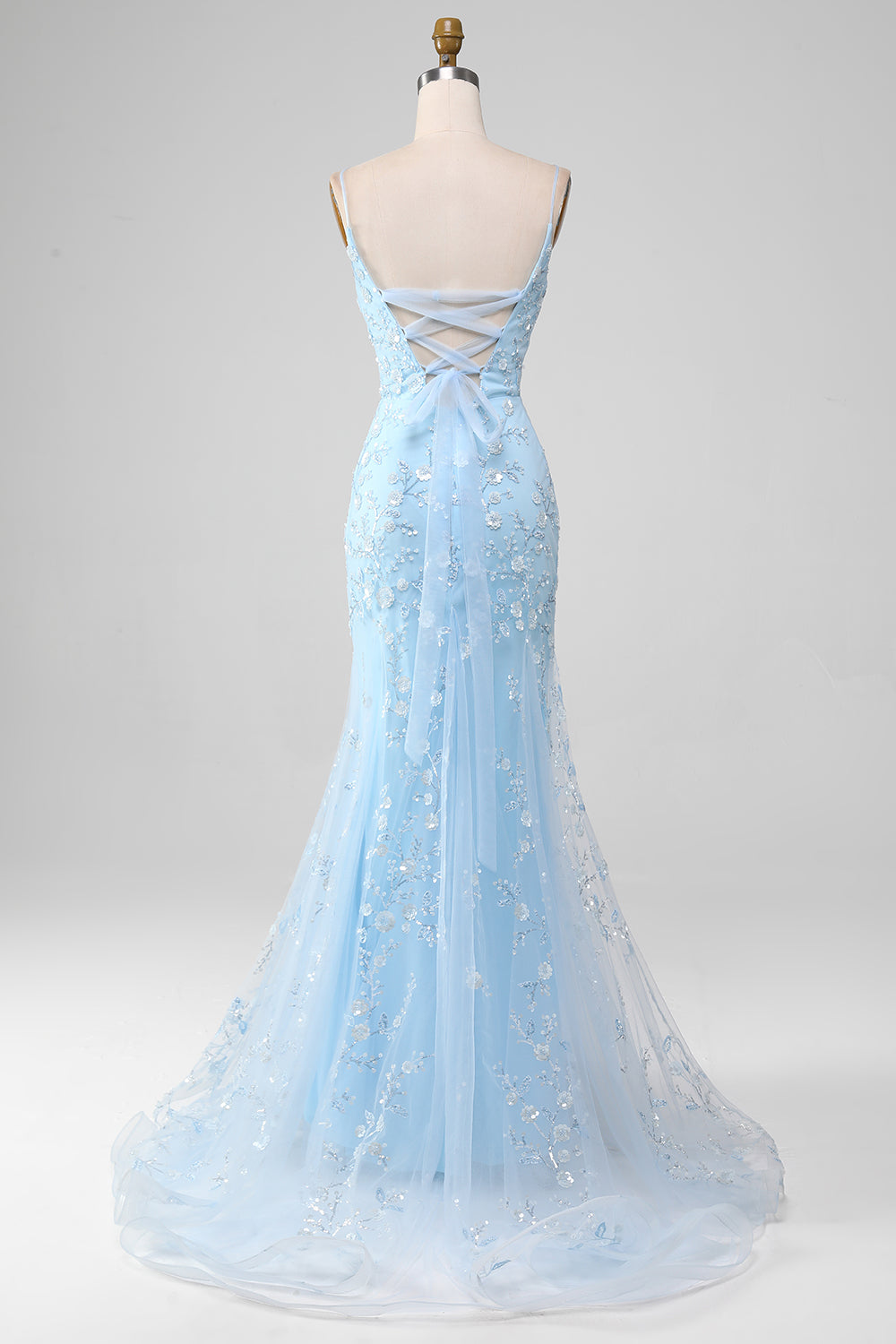 Robe longue longue sirène perlée bleu clair scintillant